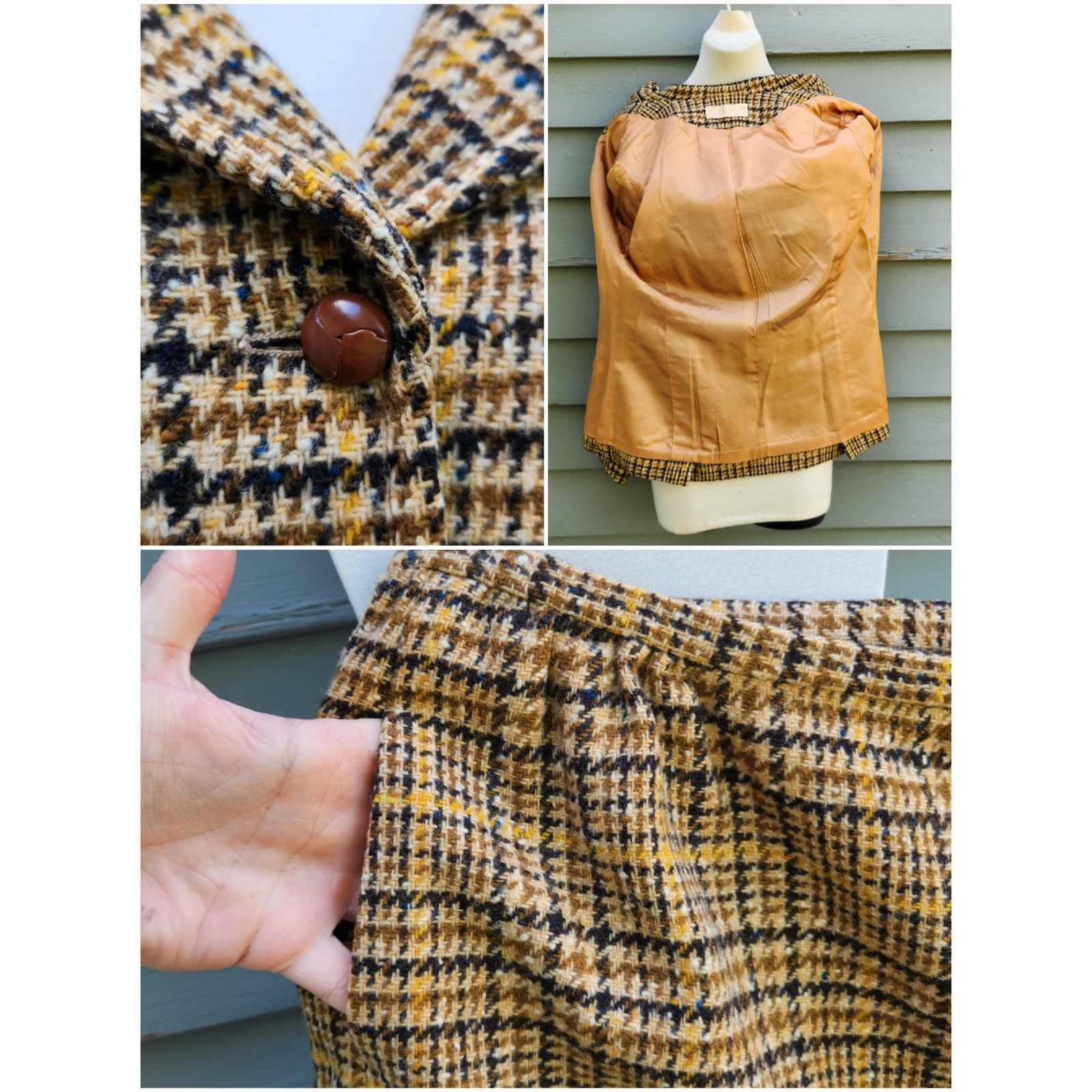 Pendleton Skirt Suit Tan Brown Yellow Houndstooth Plaid Virgin Wool Vintage 10