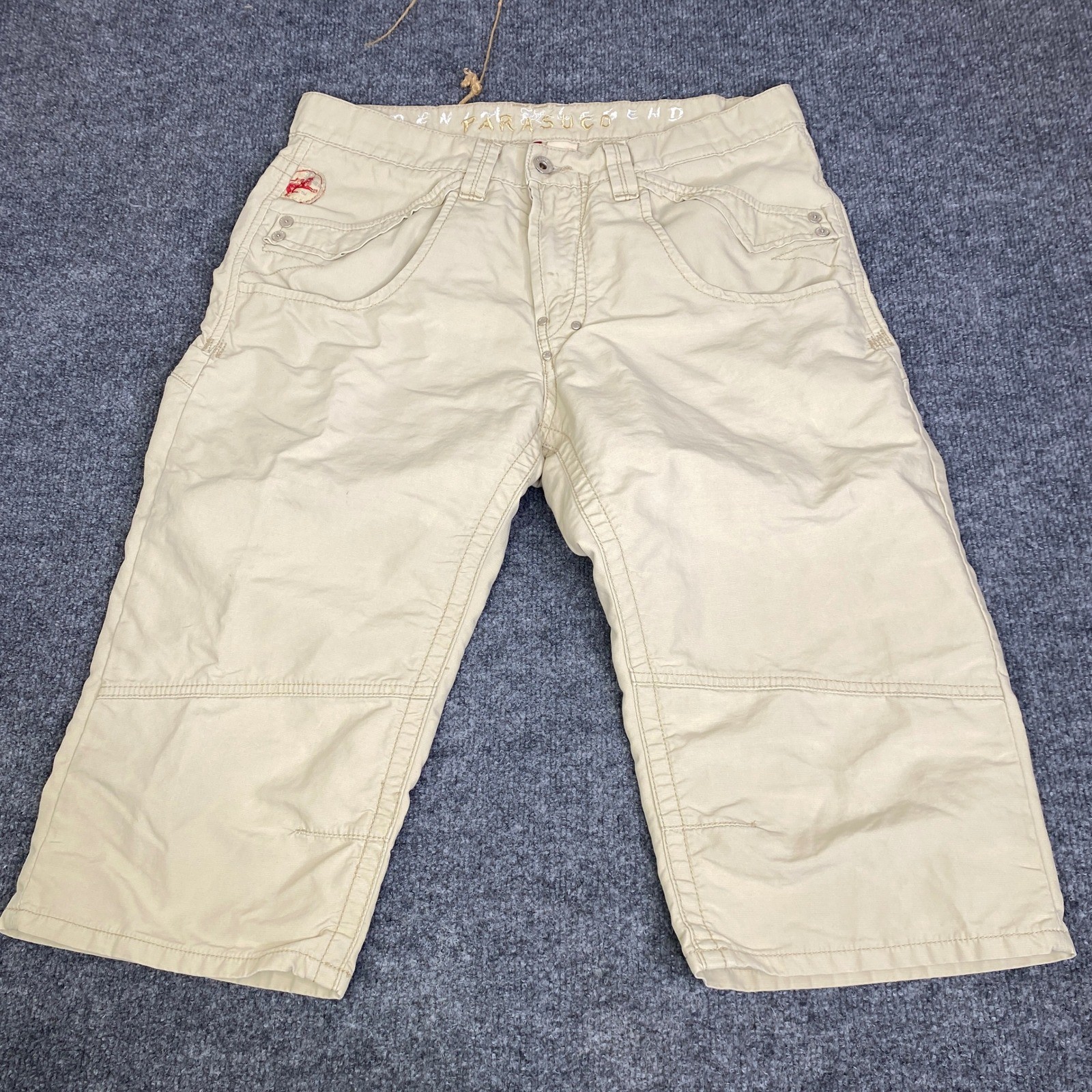 VTG Parasuco Cargo Shorts Tan Khaki Cotton Size 34 Embroidered Y2K Capri