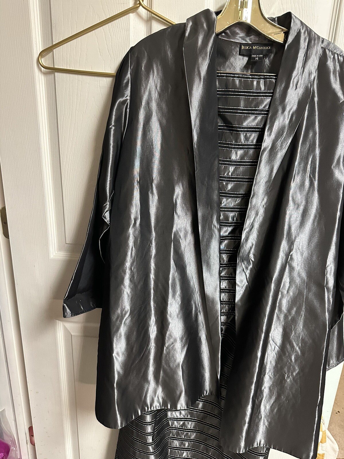 2pc Jacket Dress Set 90s Large Silver Gray Strapless Metallic Silky MOB Formal