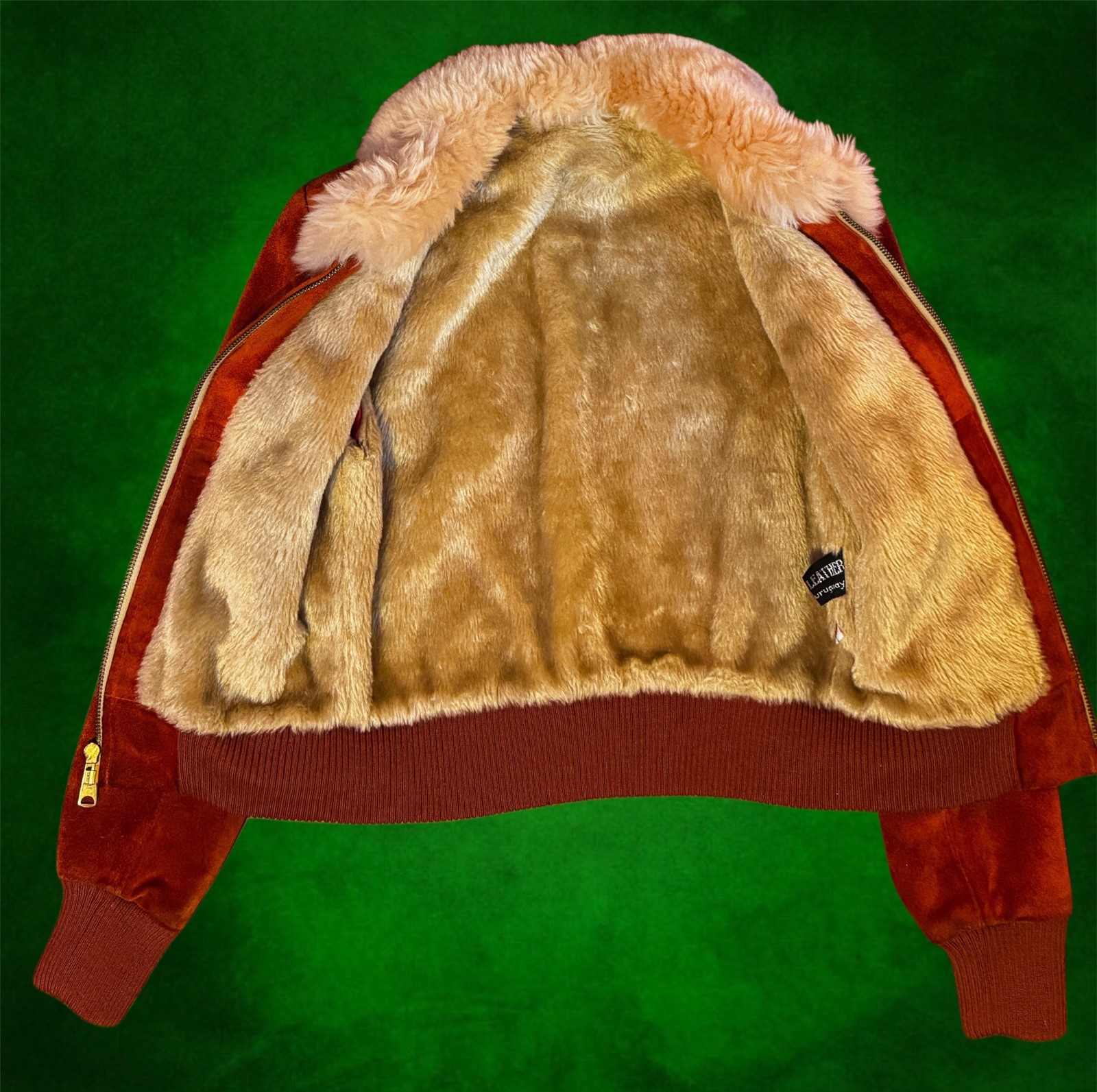 Vintage 70s Rust Suede Bomber Jacket Uruguay Wool Collar Womens XS/S Cropped