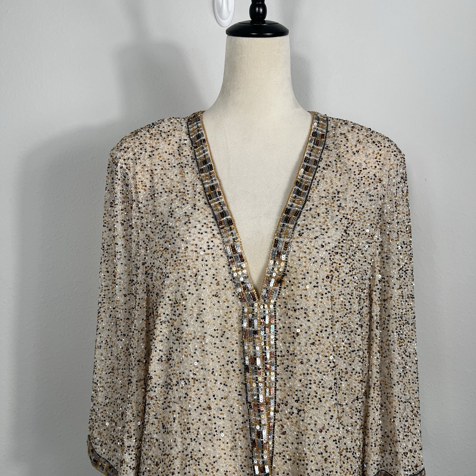 Vintage 80s FRANK USHER Jacket Eveningwear Silk Sequin Beaded Beige Sparkl Large