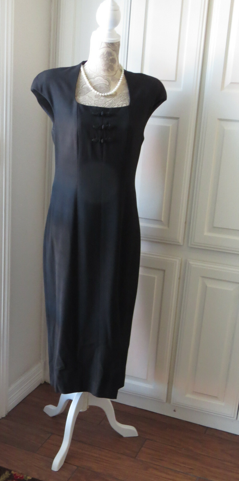 Liz Claiborne Size 10P Long Black Dress Frog Chinese Accents Little Black Dress