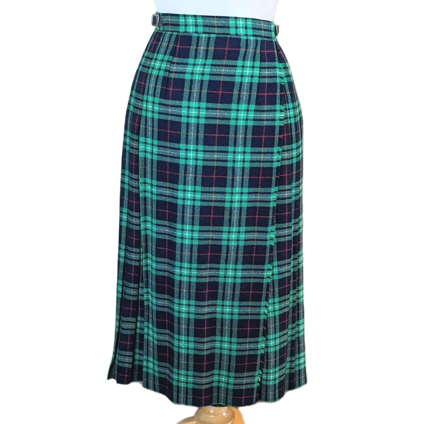 Vintage 80s Plaid Wool Kilt Green Navy Tartan Pleated Wrap Carson Pirie Scott