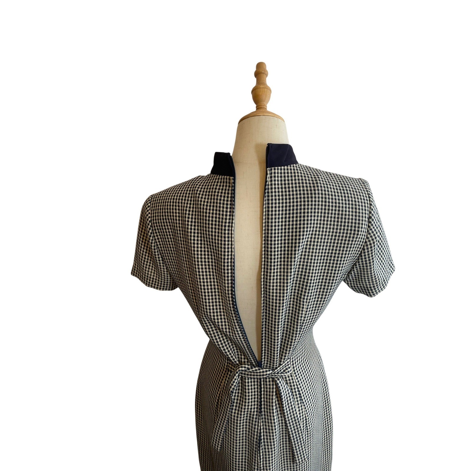 Scarlett Vintage Gingham Check Maxi Dress Navy Blue White Mandarin Collar 3/4