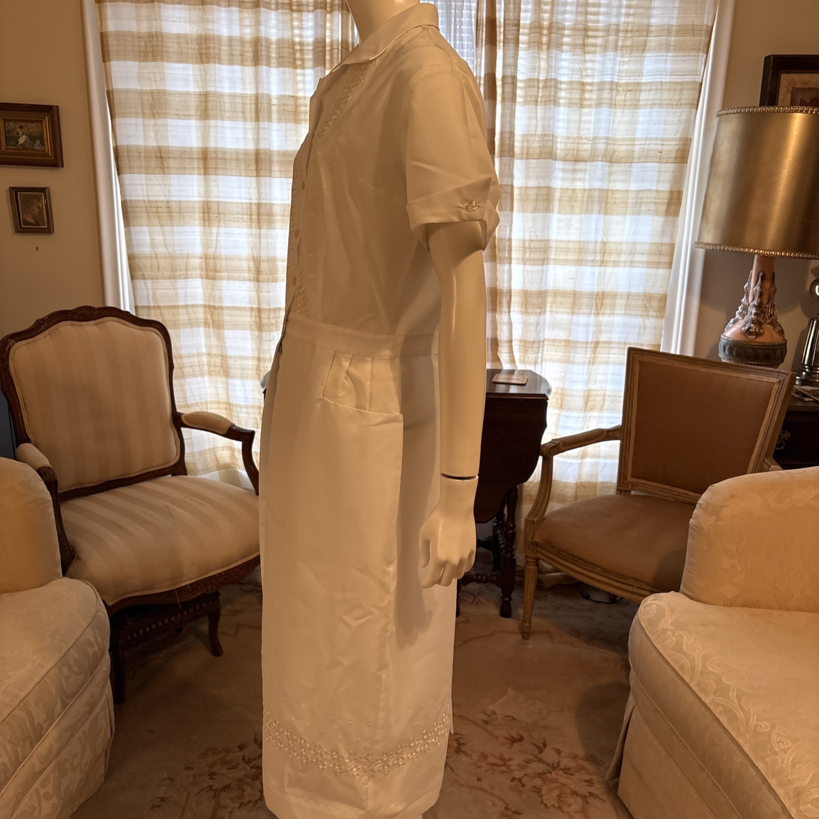 Vintage Nurse Waitress Uniform By Tiffs NY Embroidered Pockets Collar Sz L