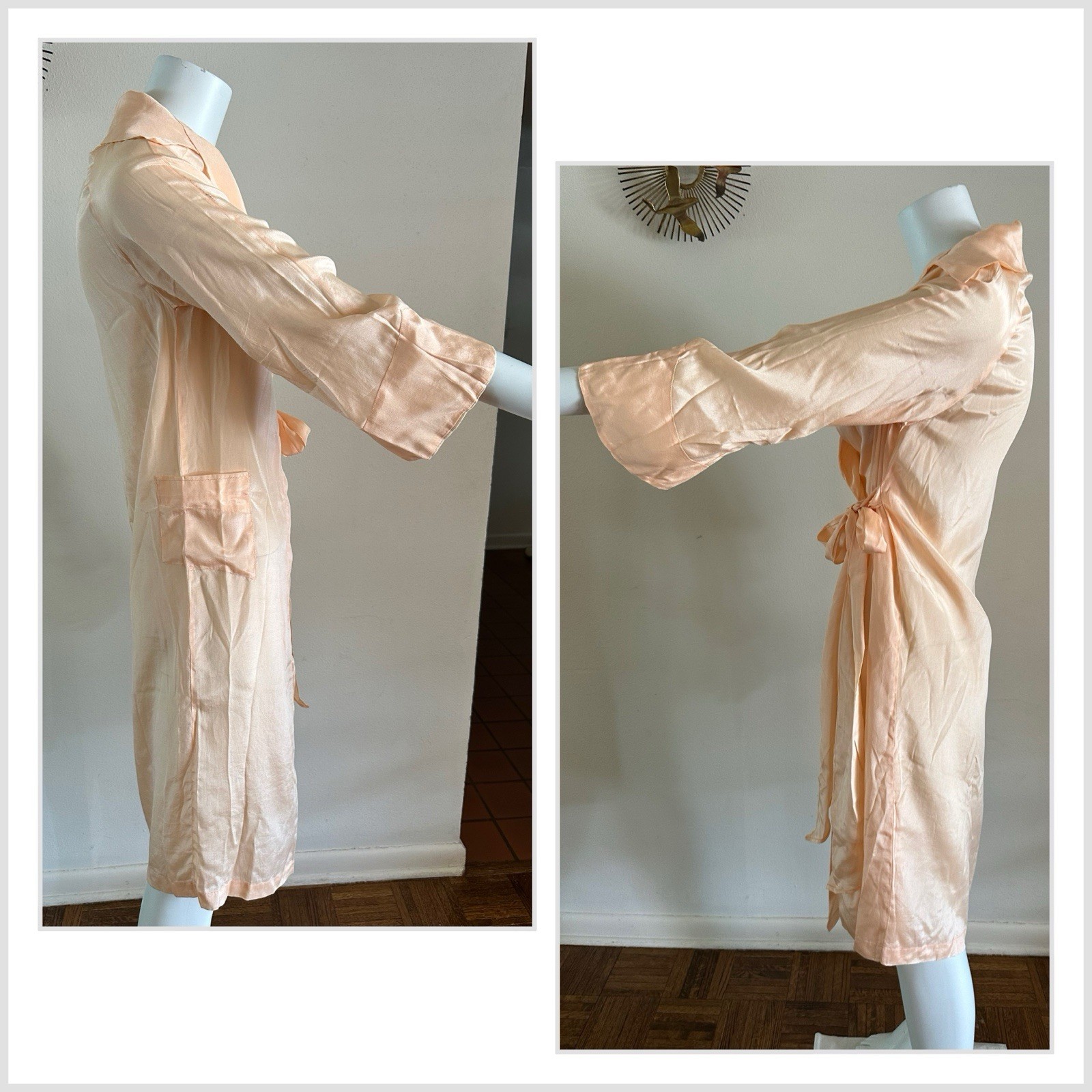 1930s 40s Peach Rayon Satin Robe Art Deco Wrap Boudoir Dressing Gown S Vintage