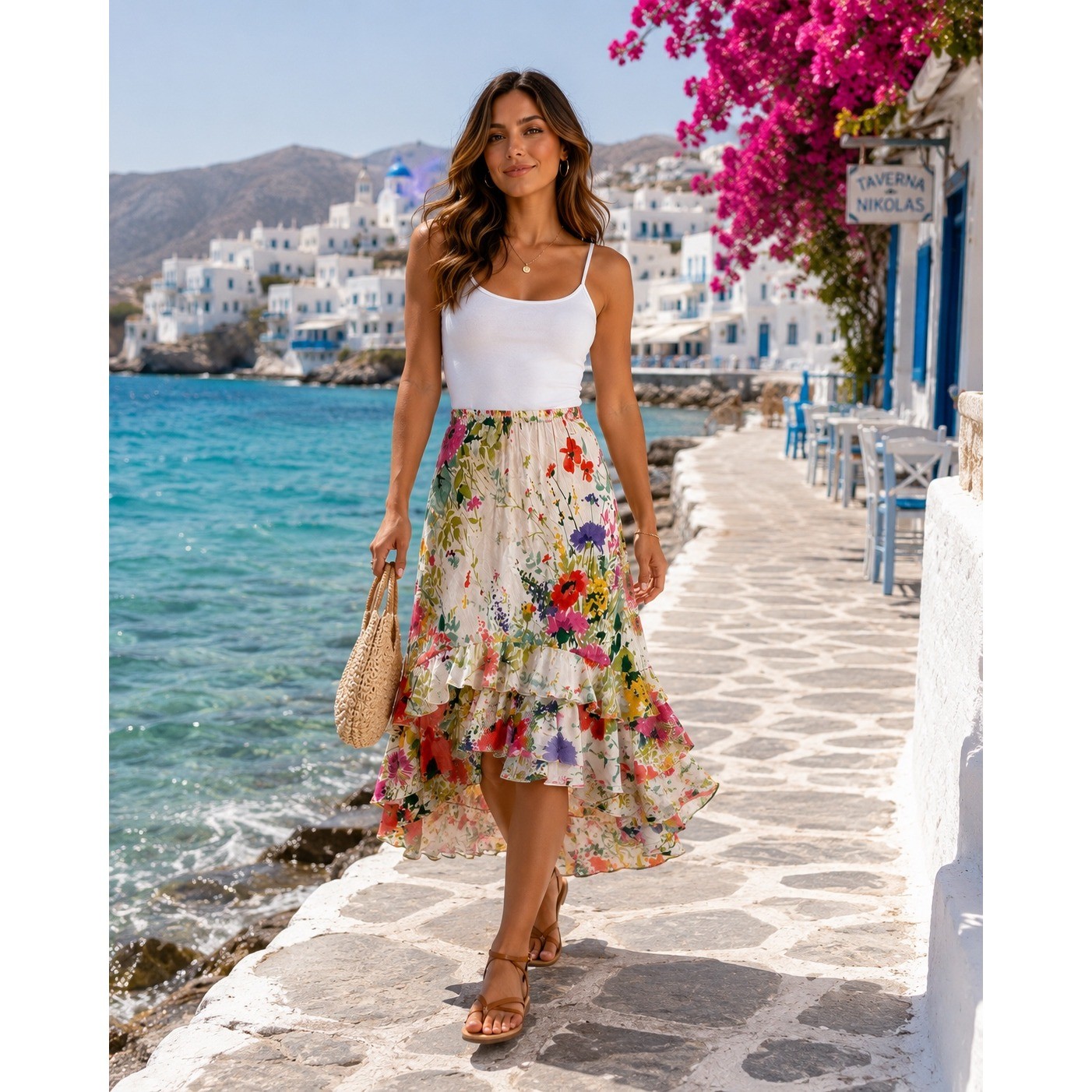 Vtg Jams World Small Floral Maxi Ruffle Skirt Rayon Cottage Bouquet Resort Art