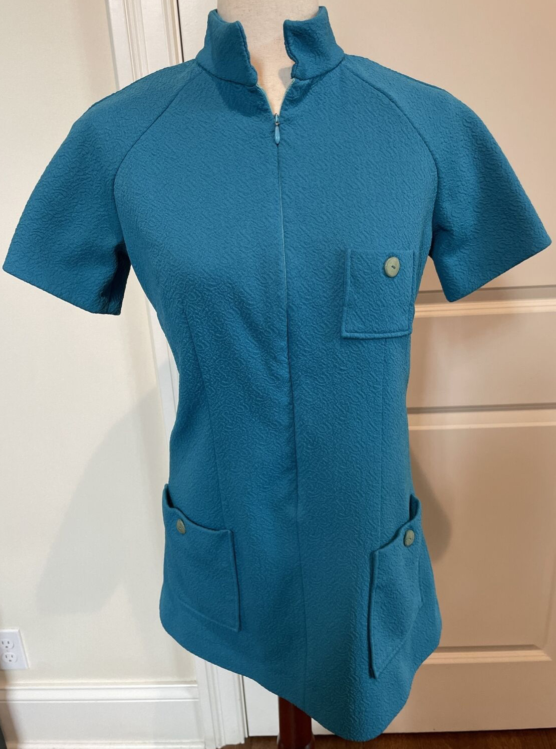 Vintage 60s 70s Medium Tunic Top Mod Retro Damask Aqua Blue Zip Up Short Sleeve