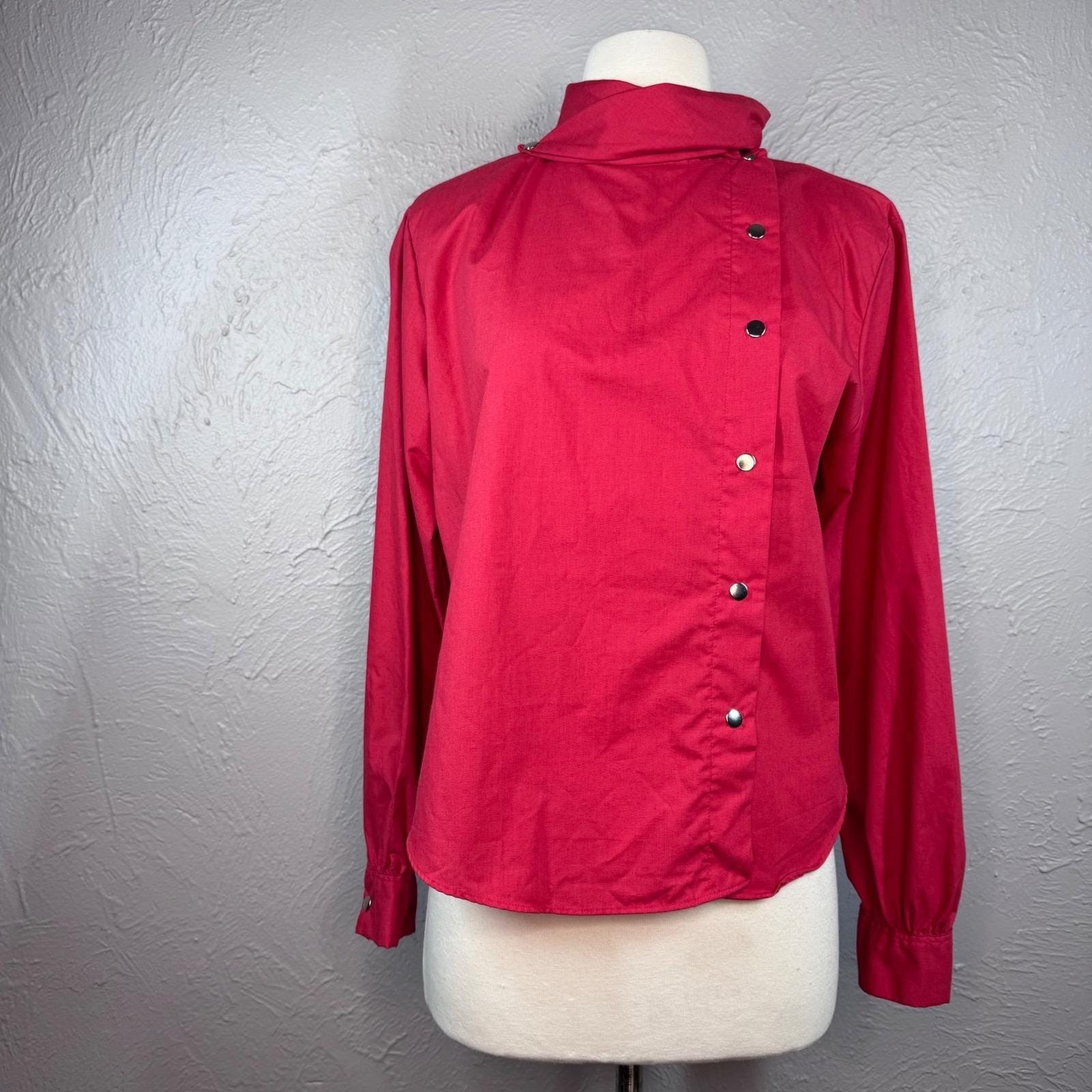 Vintage 80&rsquo;s Women Med Red Long Sleeve New Wave Gold Button Asymmetrical shirt