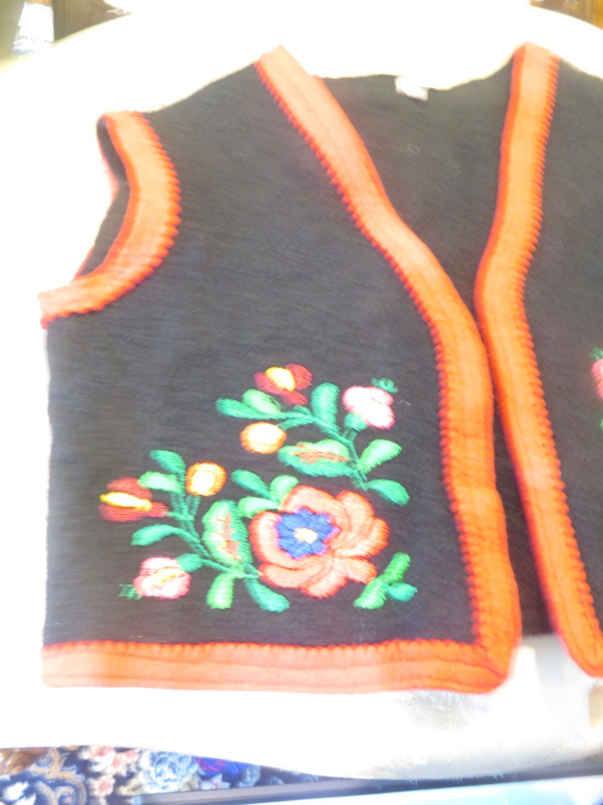 Vintage Matyo Hungarian Embroidered Black Felt Vest with Floral Design