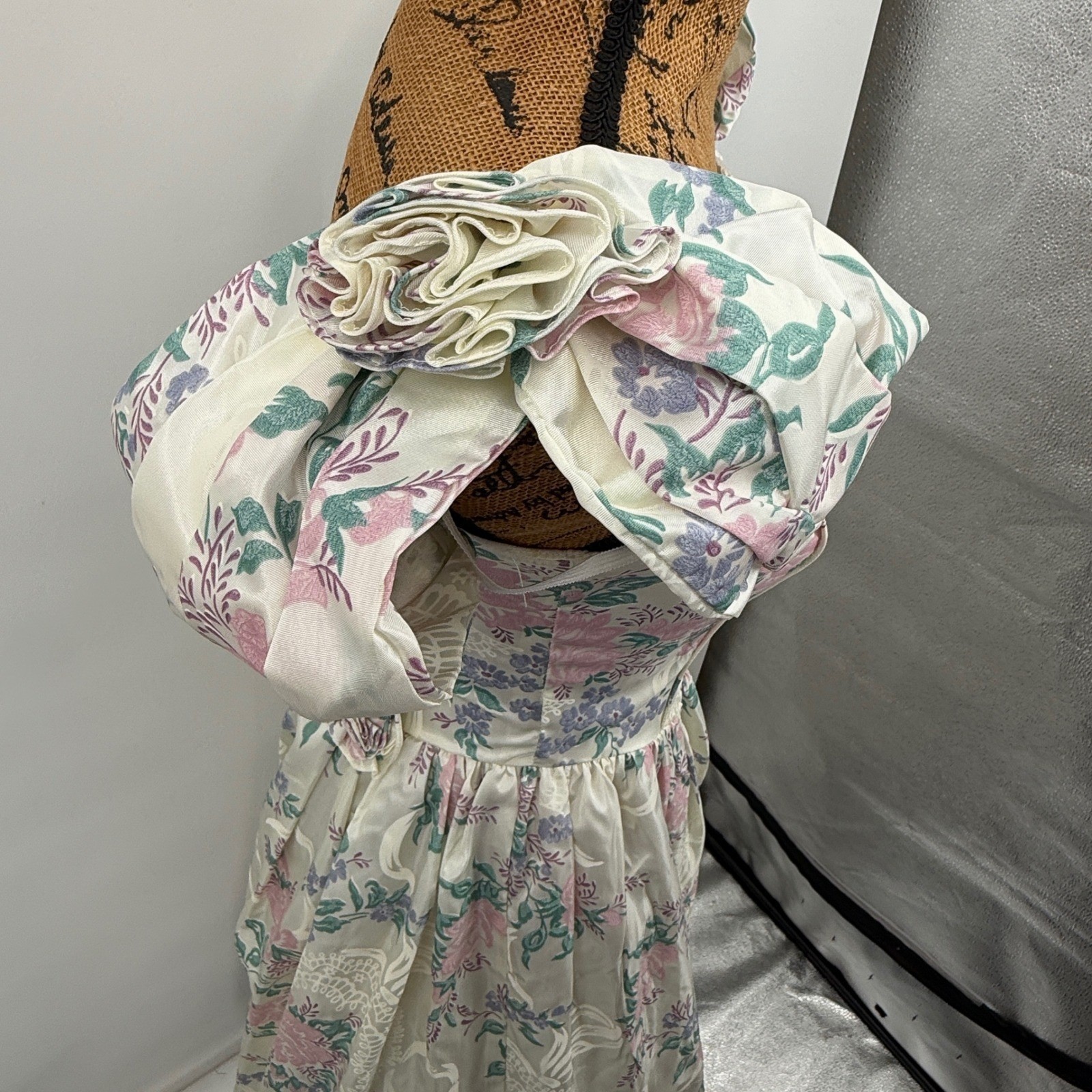 Vtg Scott McClintock Floral Dress Sz 6 Puff Sleeve Lace Cottage Coquette Basque