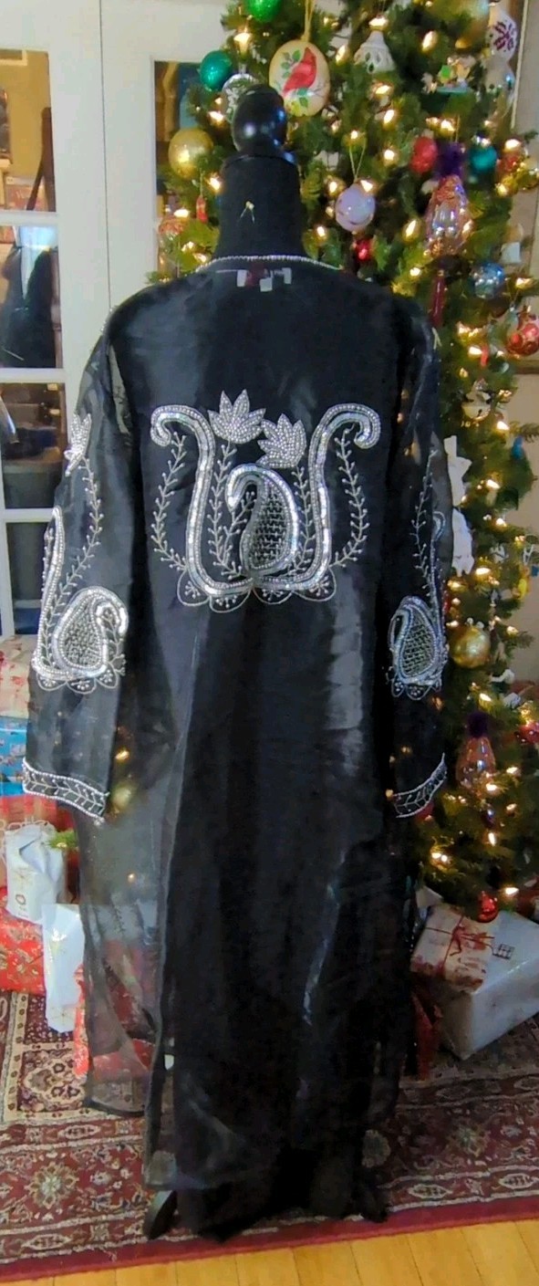 Vintage 80s Tan Chho Black Beaded Sequin Duster Dress 4 Piece Set, Women&rsquo;s 2X