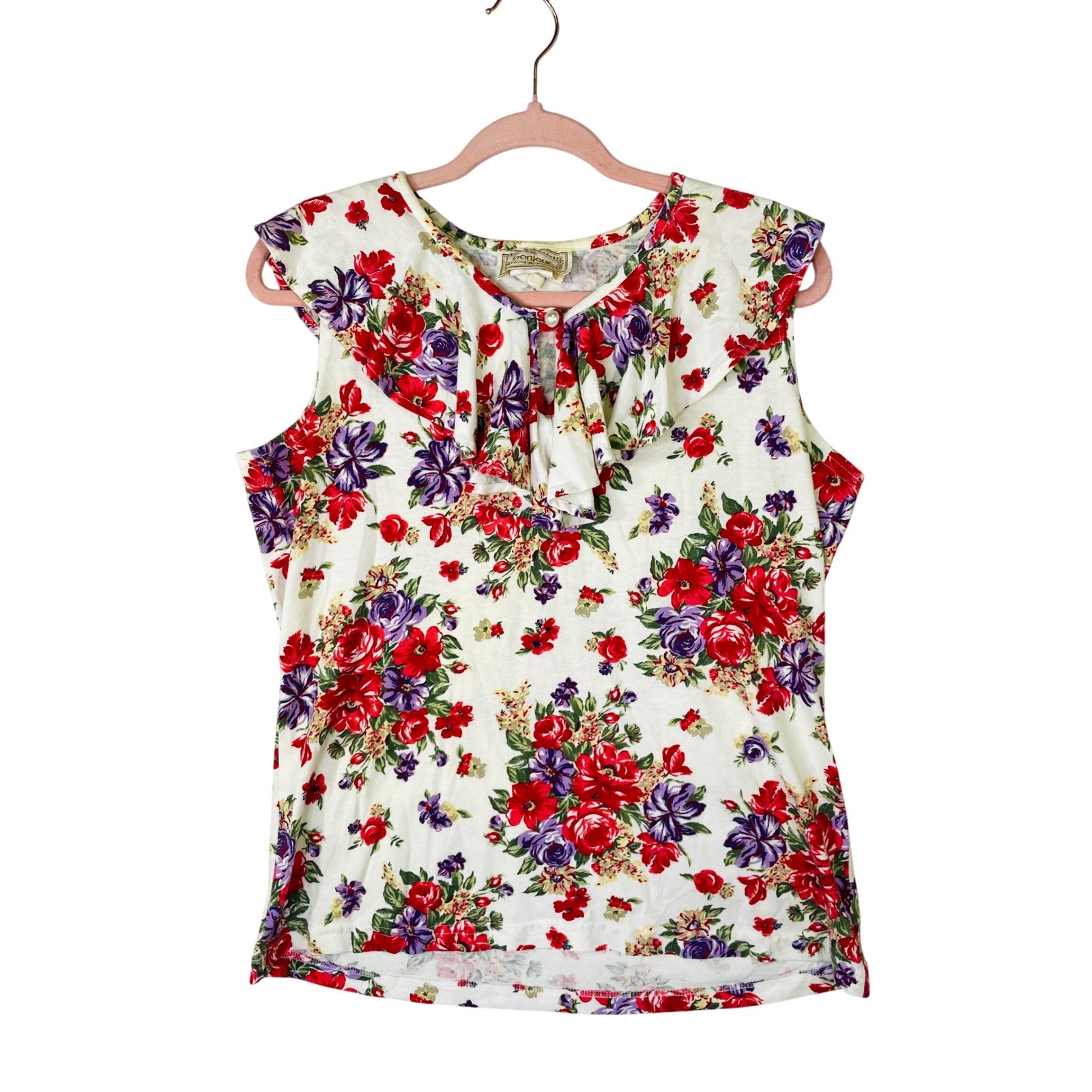 Vintage Bonjour Floral Ruffle Collar Sleeveless Top Red Purple Cream Cottagecore