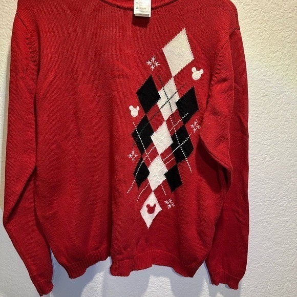 Vintage 90s Mickey Mouse Disney Argyle Pullover Sweater Oversized Red – XL
