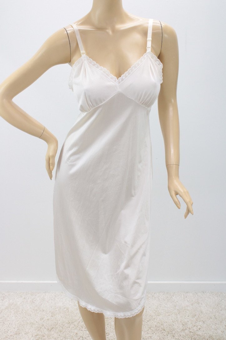 Vintage Full Slip sz 38 White Nylon Lace Trim Down Side Satin Straps USA