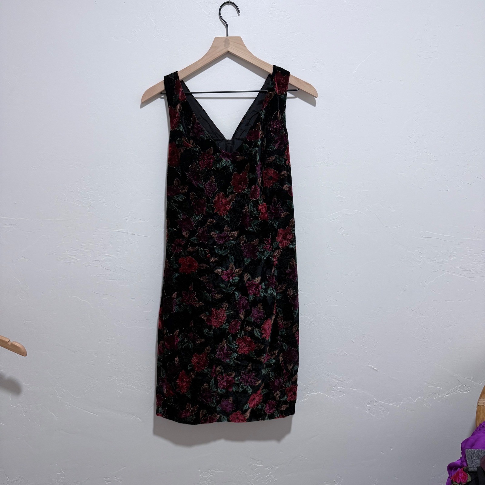Vintage Ariana Velvet Floral Dress USA Made Sleeveless Bow Back Party Dress