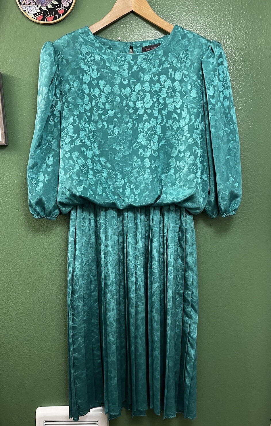 Vintage 80s Green Blouson Dress Below Knee Tina Barrie Size 16