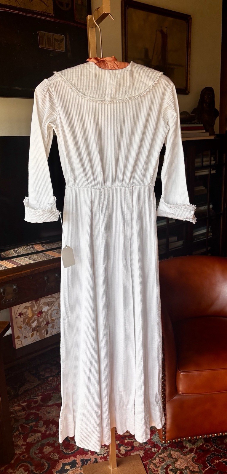Antique Edwardian Early 1900s White Cotton Dressing Gown Robe Sz S Empire Waist