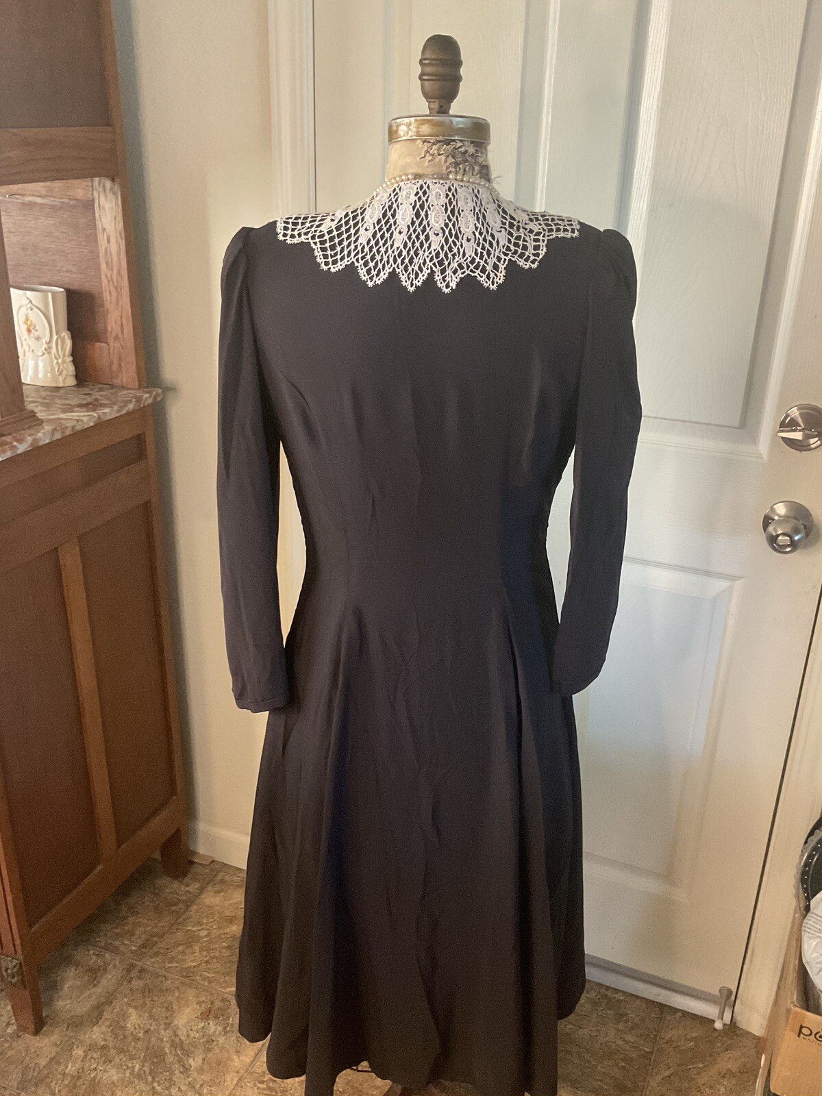 Vintage Classic 1940-1950 Black FAILLE Fit Flare Ginsberg TATTED Crochet Dress