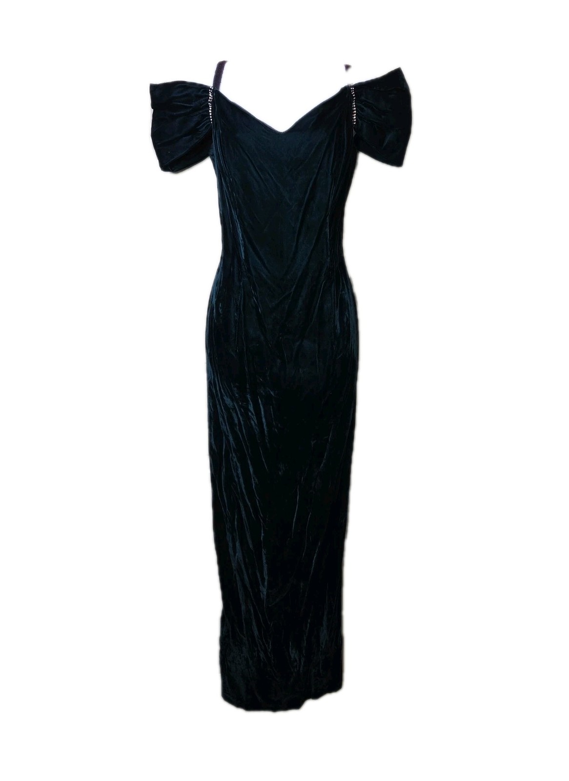 Vintage 1980s Green Velvet Formal Dress Prom Rhinestone Size 13/14 Goth Dark