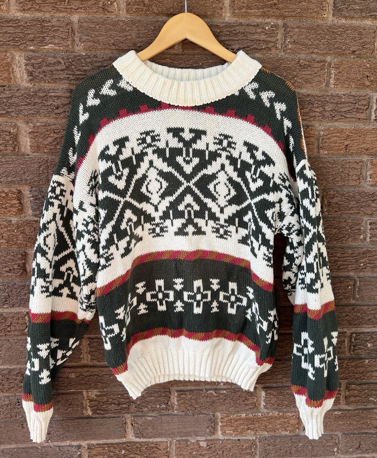 Aztec Pattern Knit Cotton Sweater Southwestern Print 80s 90s Vintage L