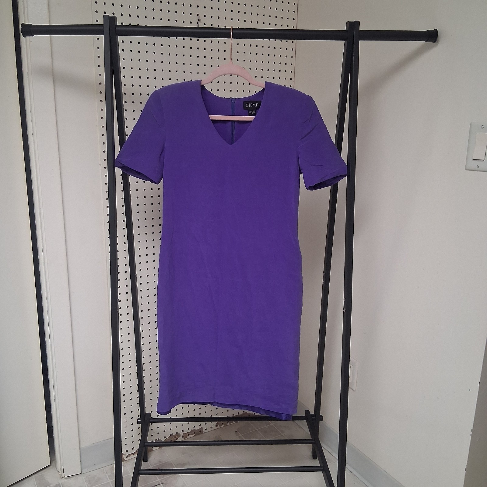 Vintage 80s SHOMI 100% Silk Purple Dress 6 Short Sleeve V Neck Minimalist Chic