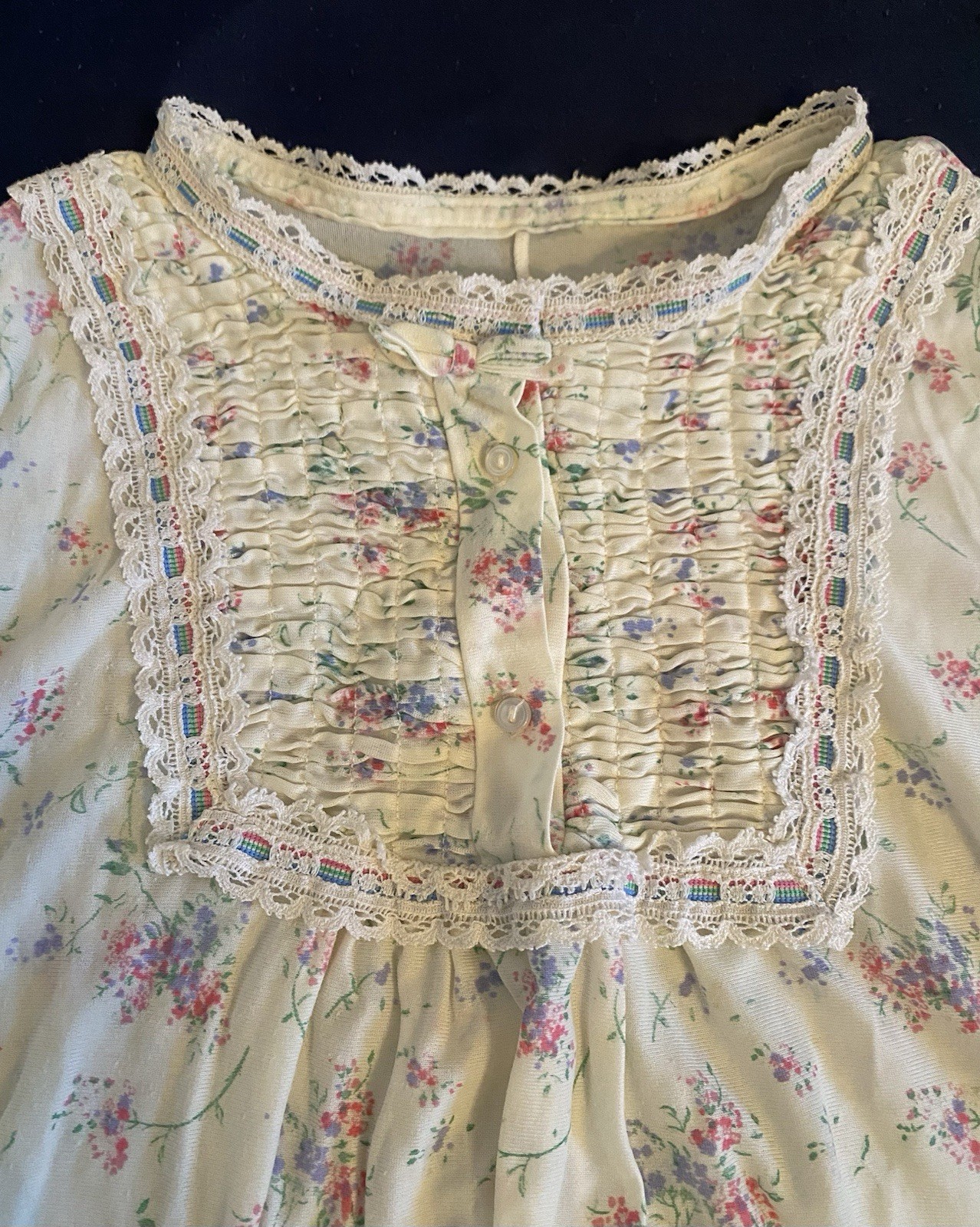 Vintage Miss Elaine Short Floral Nightgown Cotton Lace Long Sleeve Nightie Sz M