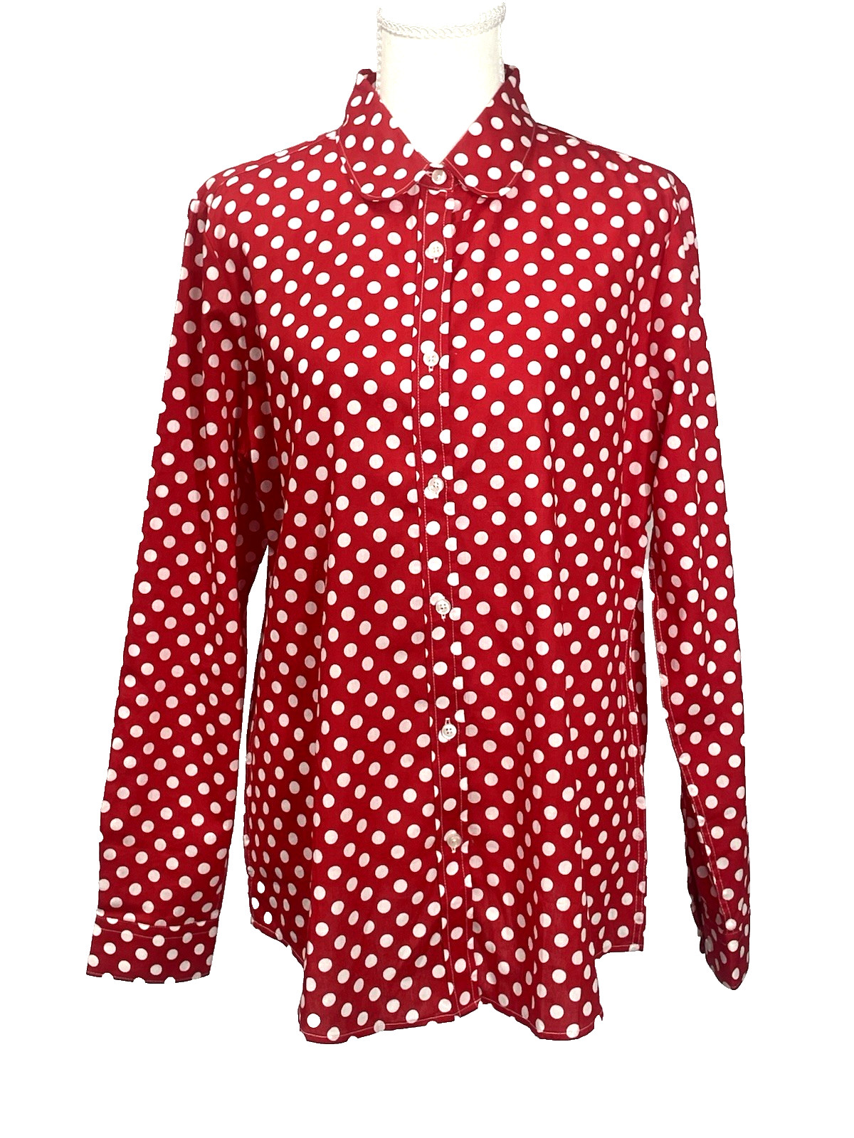 Qihuang Retro Red White Polka Dot Vtg 70&rsquo;s Peter Pan Collar Button L/S Shirt MD