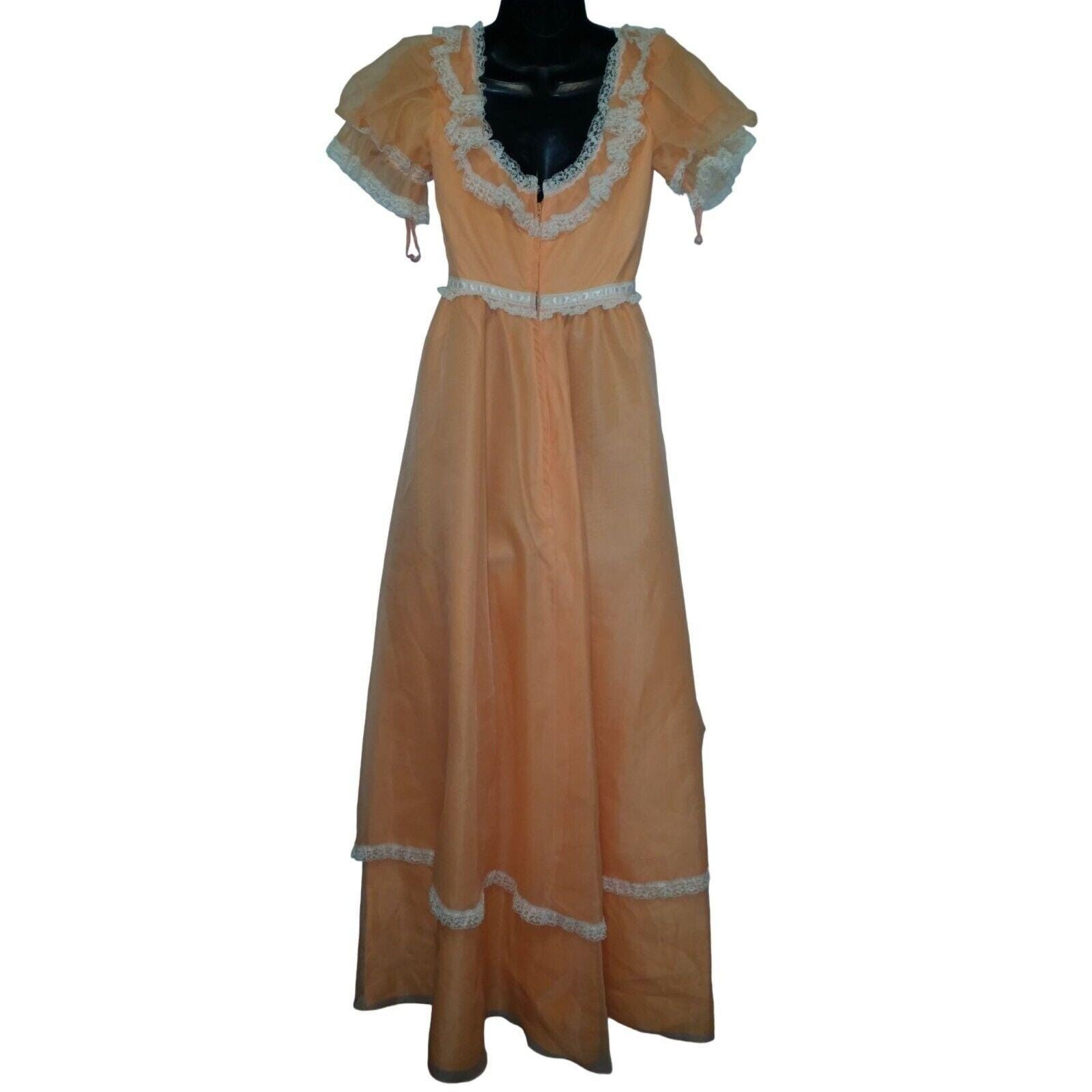 Vintage Nadine Ruffled Chiffon Bridesmaid Dress Womens 5 Peach White Puff Sleeve