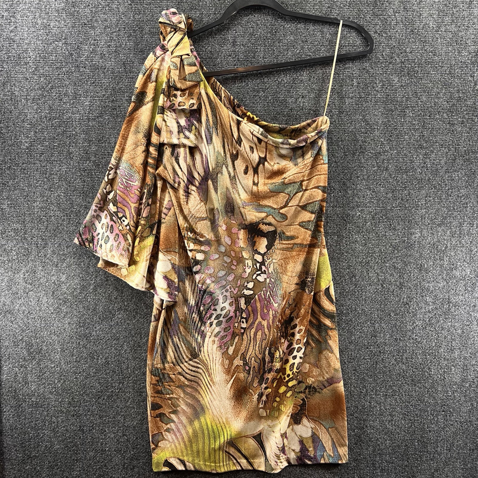 Vtg Cache One Shoulder Bodycon Mini Dress Brown Monarch Butterfly Print Y2K Club