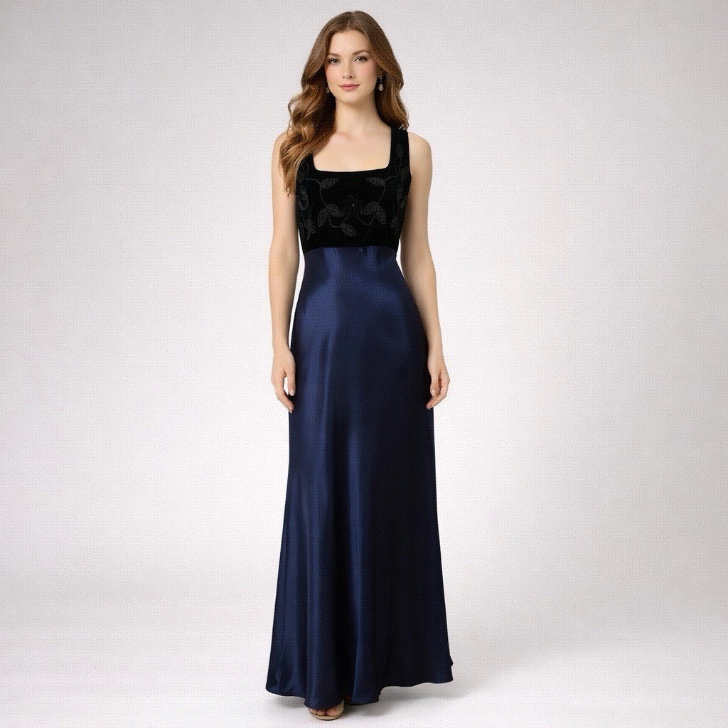 Vtg 90s Gown Women 9 Blue Satin Velvet Floral Empire Prom Goth Vamp Whimsigoth