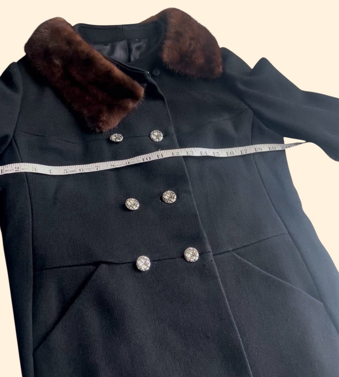 VTG Black Wool Coat w/ Mink Collar Double Breasted Tailored Boutique Coat S/M