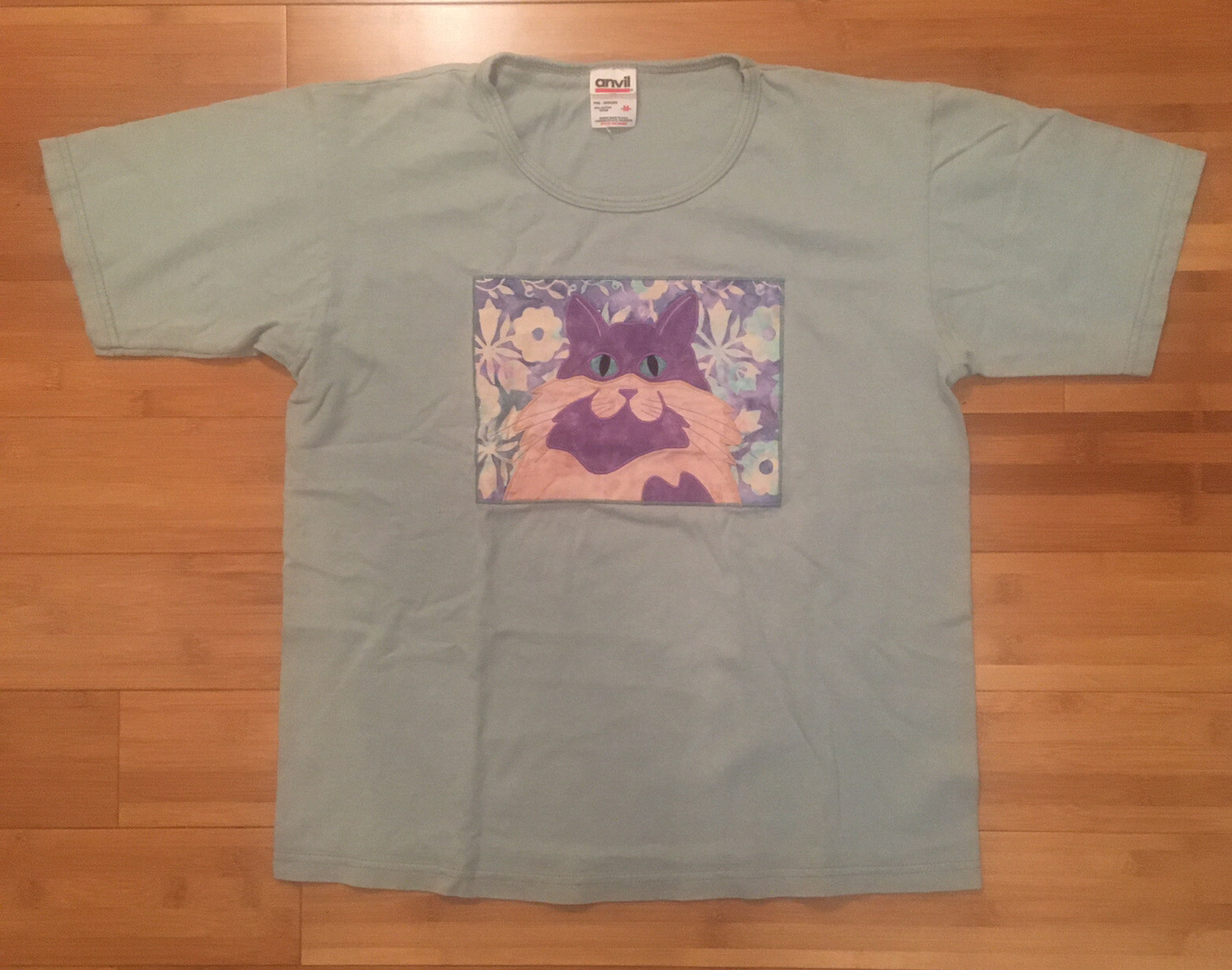 Vintage Anvil 90s Cat T Shirt Adult Made In USA Womens Medium Blue Green VTG