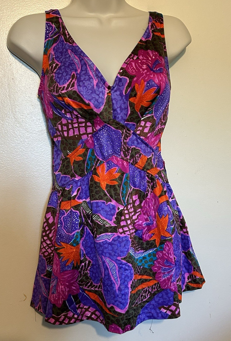 Jantzen Blue Pink Orange Purple Floral Swim Dress Size 12