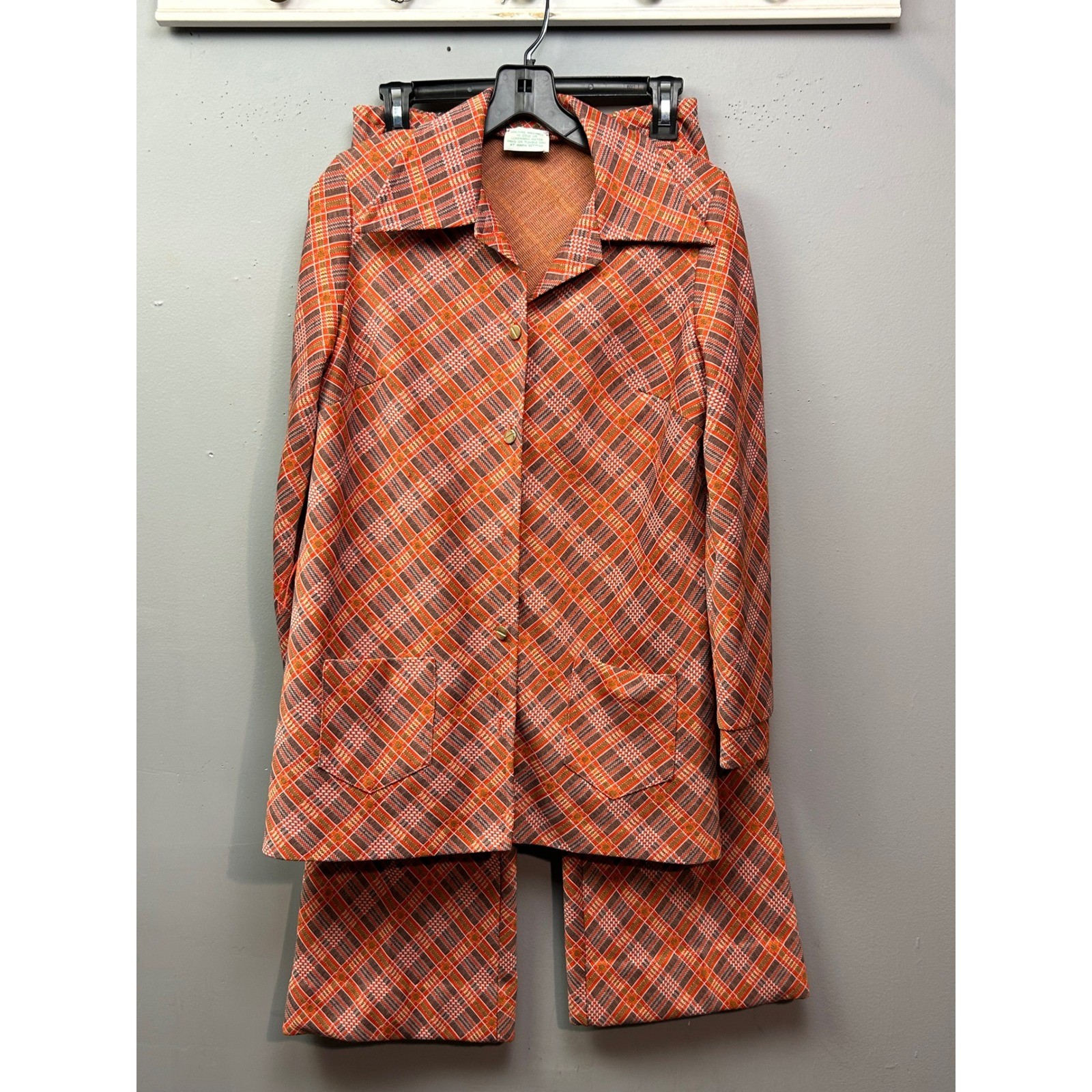 Vintage 70s Pant Suit Women S Orange Brown Plaid Knit Jacket Trousers Set Retro