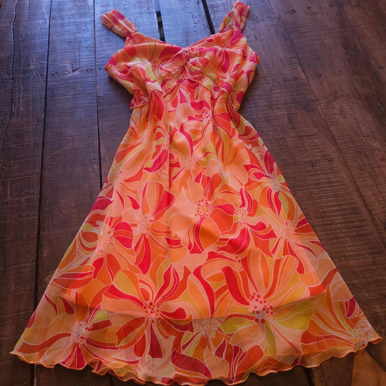 Y2K Early 2000s Orange & Pink Floral Print Dress Ruffle Summer Sun Dress Vintage