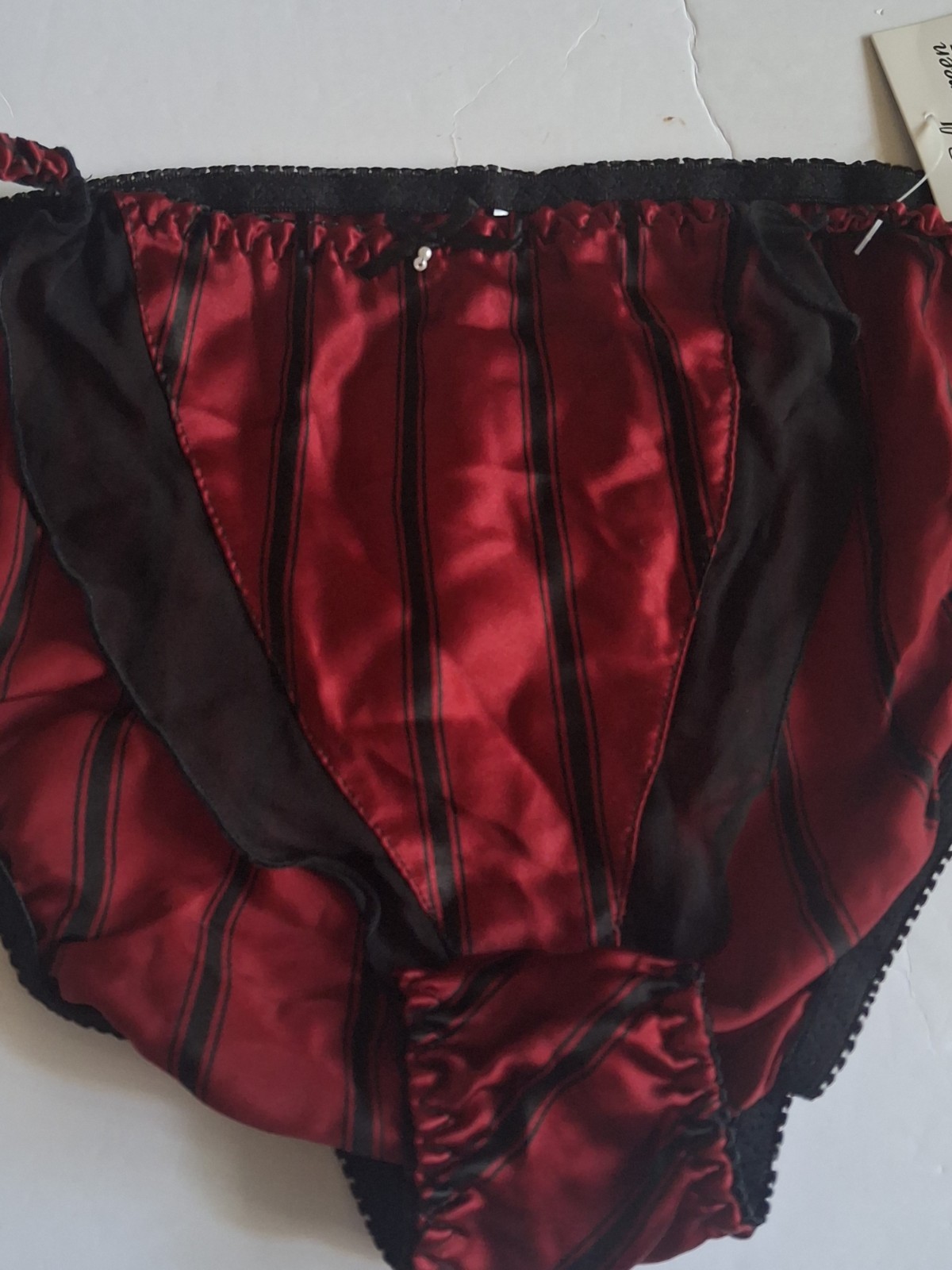Vintage 90s Silkscreen 100% Silk Panty String Bikini Large Red Black Striped