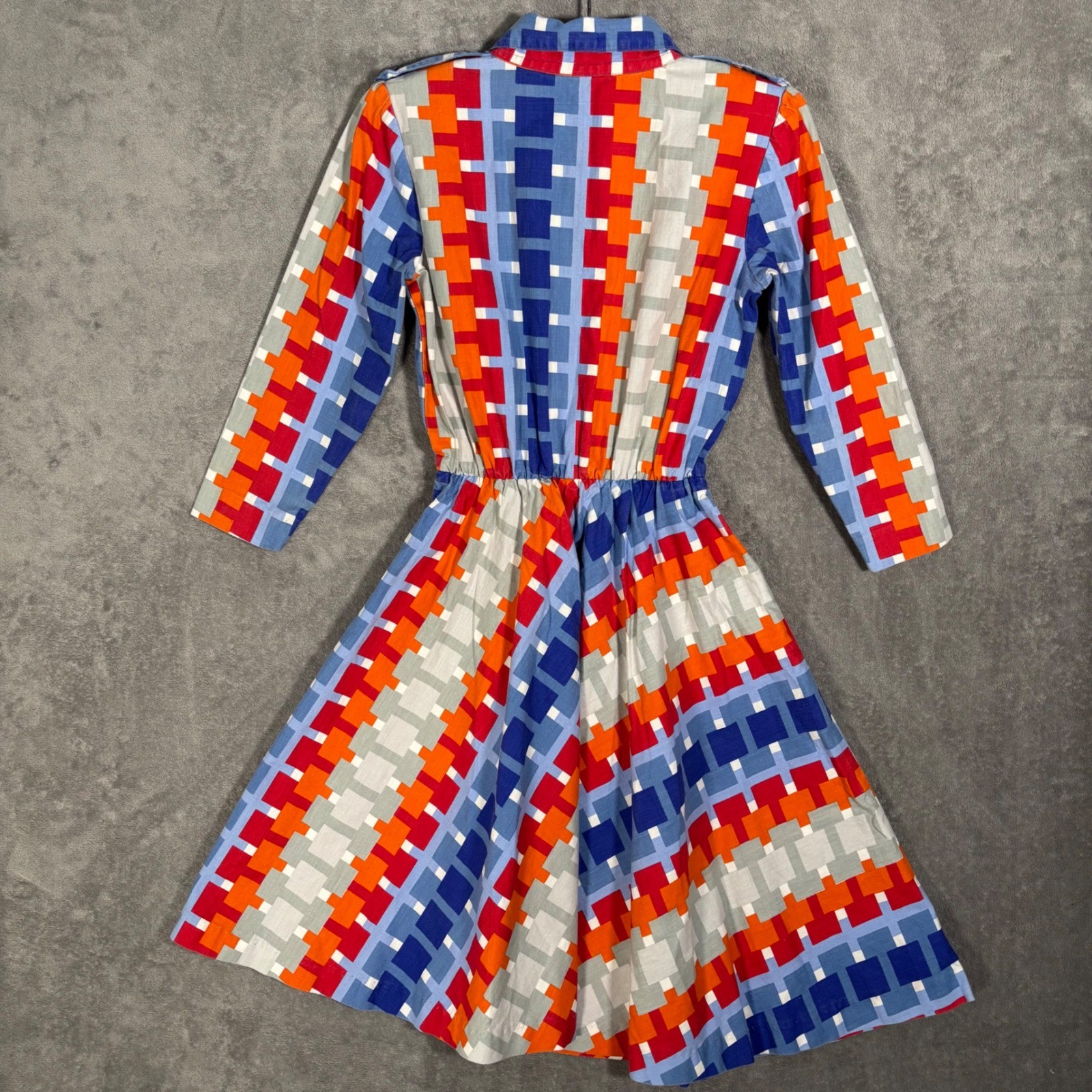 Vintage Geometric Pixel Print Fit & Flare Shirt Dress Multicolor 70s Style MCM