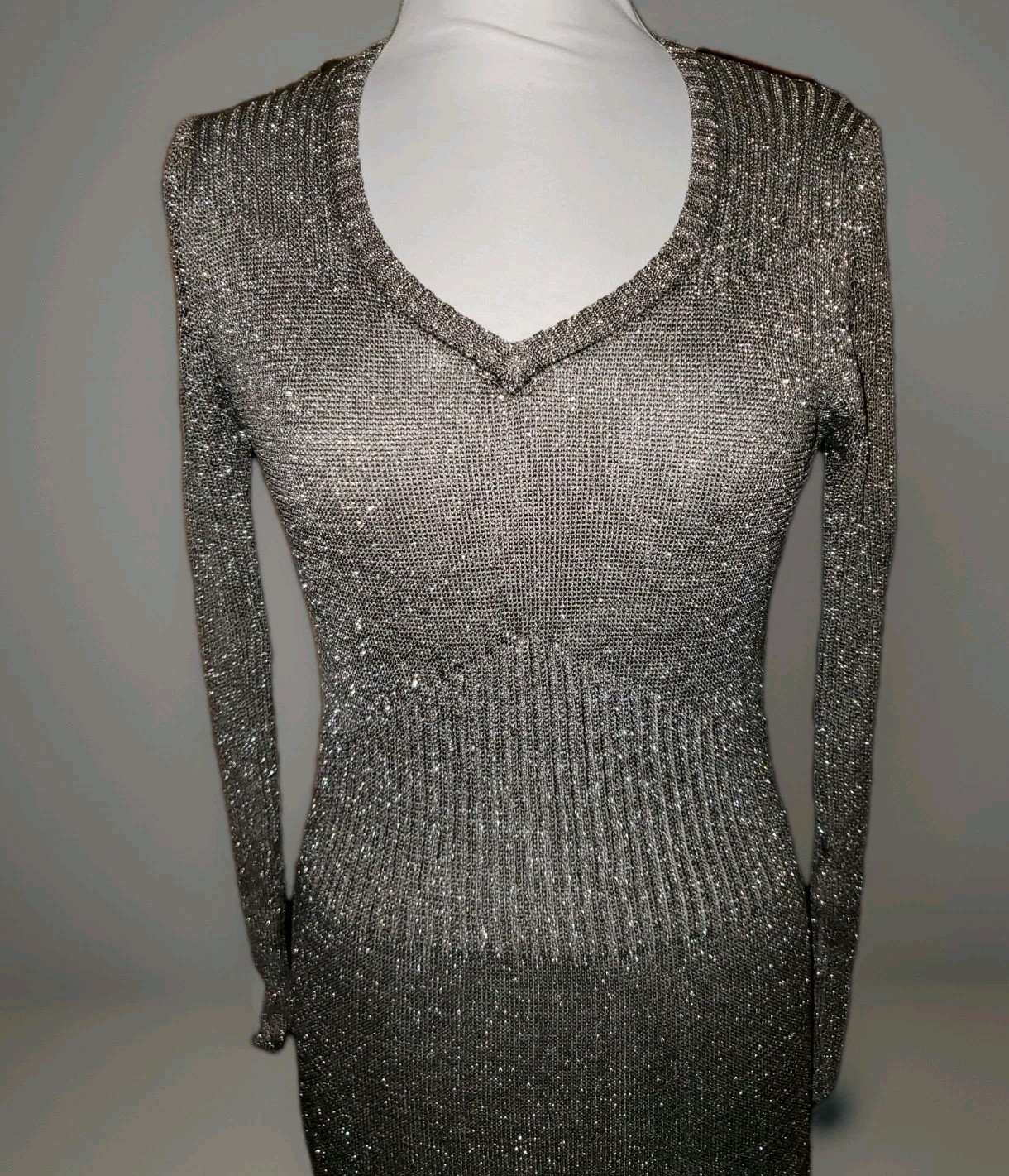 Vint 70&rsquo;s Studio 54 SILVERY METALLIC LUREX Knit V NECK Maxi Dress M HONG KONG