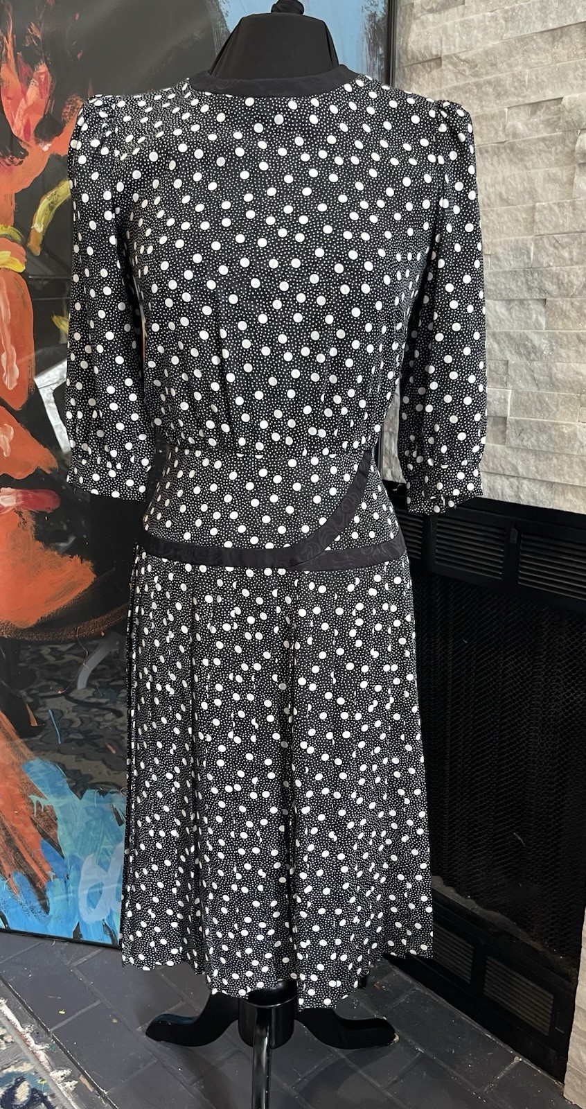Vintage 80s Petite For Maggy Black Polka Dot Pleated Drop Waist Dress Size 6P