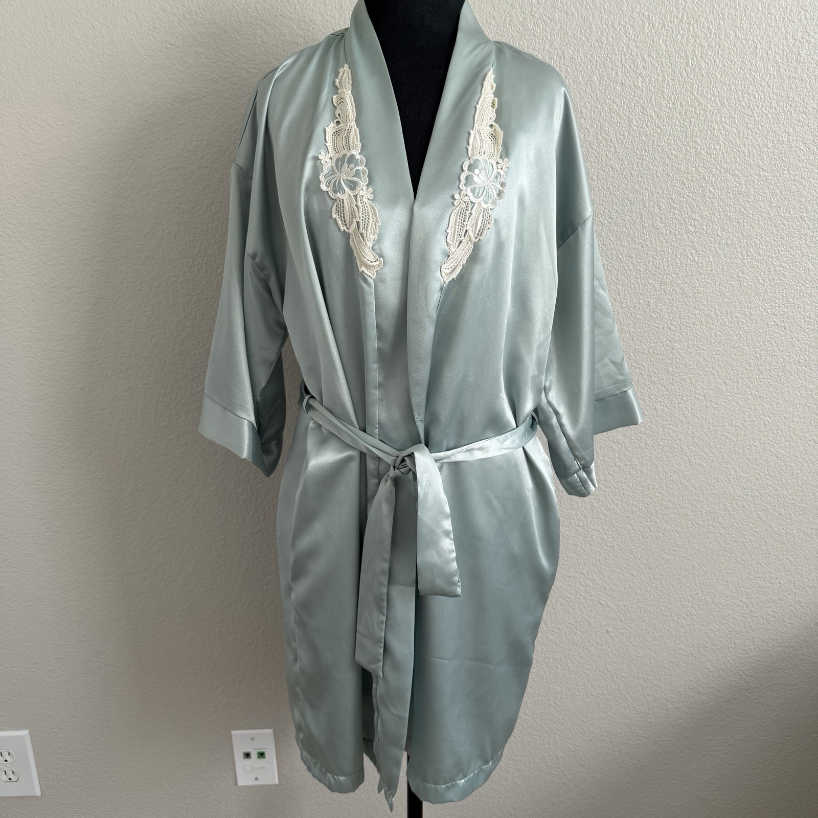 Vintage Small Inner Most Night Gown & Belted Robe Set Satin Sage Green Made USA