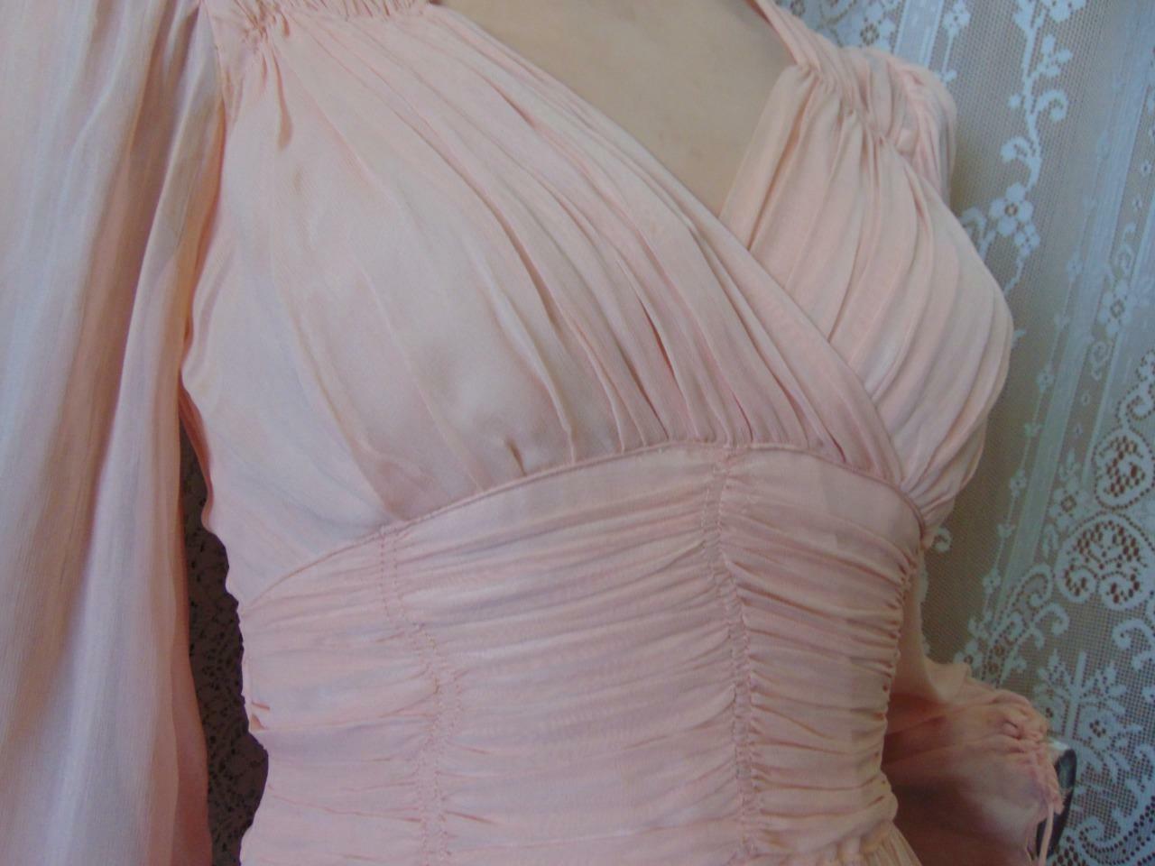 1940s ORIGINAL DESIGN PINK CHIFFON LONG DRESS PUFF BALLOON SLEEVES 24 W