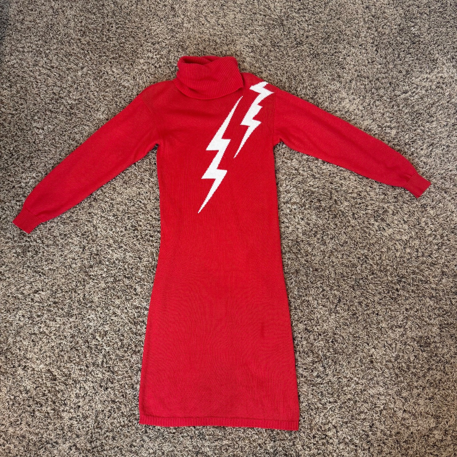 Vintage 80’s LIGHTNING BOLT SWEATER DRESS M Turtleneck Red Long Sleeved Intarsia