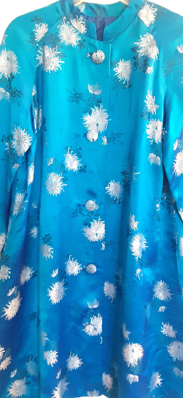VTG Harilela&rsquo;s Custom Oriental Peacock Blue Satin Floral Swing Coat Hong Kong L