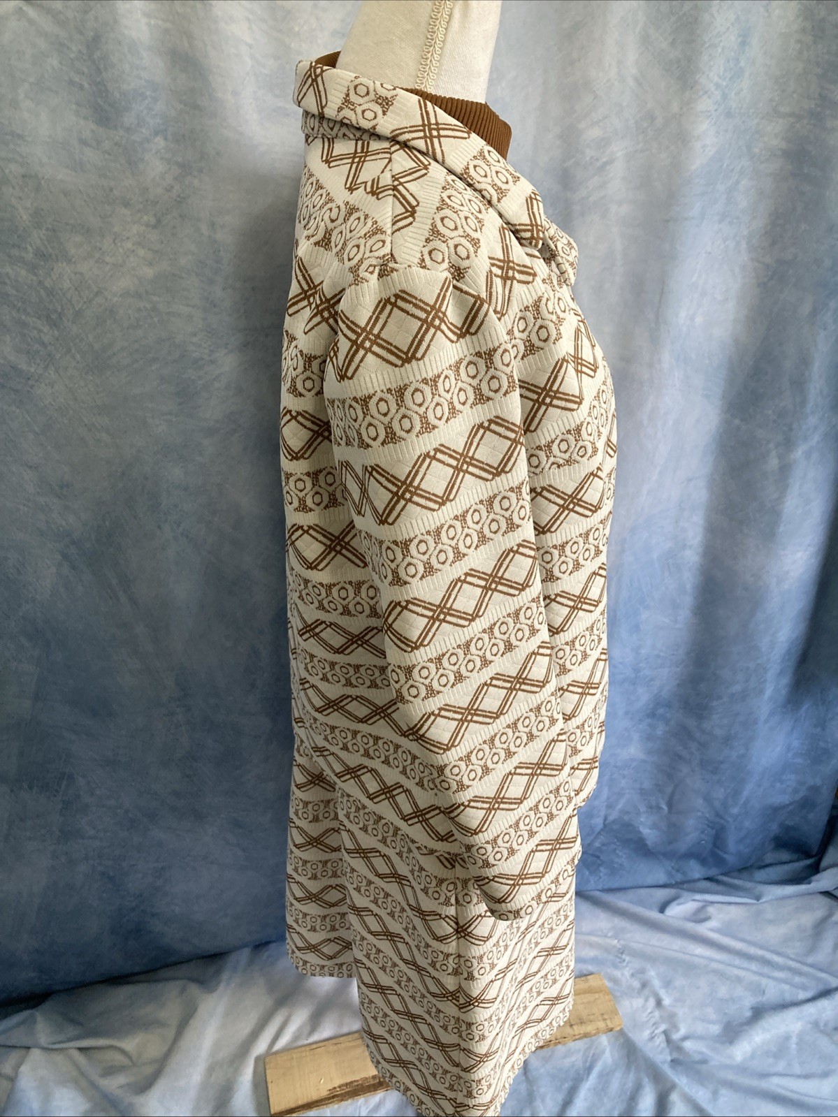 Vtg 70s Mod Geometric Dress & Jacket Set Brown Tan MCM Shift Suit Nemo Zip EUC