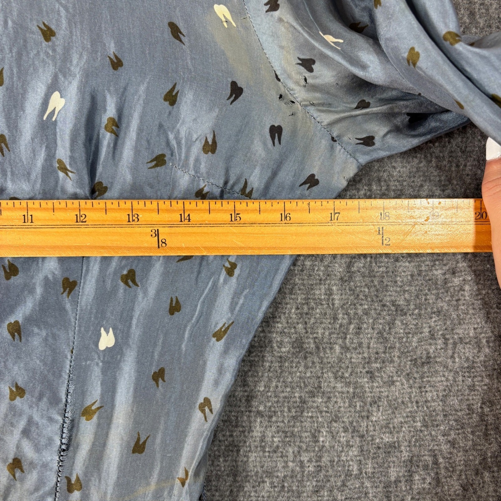 Vintage 50s Fit Flare Novelty Print Dress Blue Grey Silk Study Restoration Piece