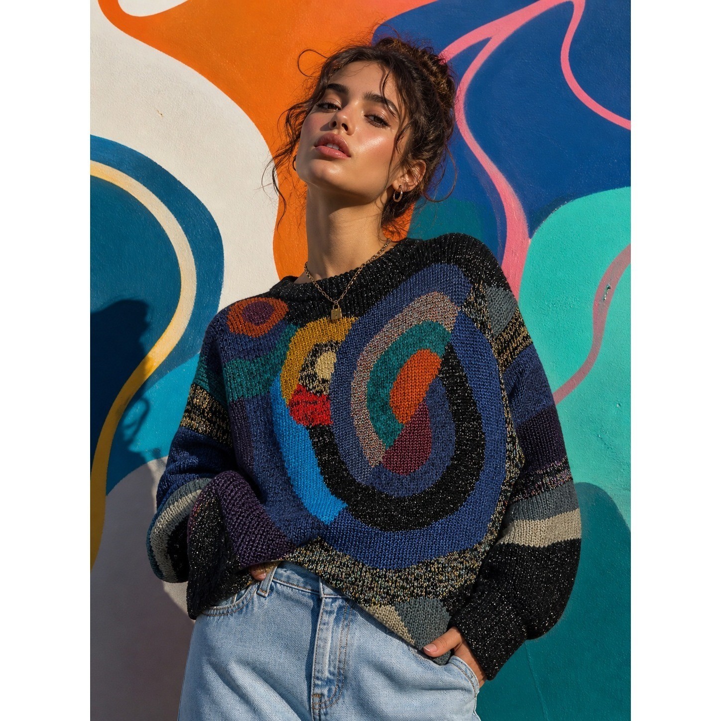 Vintage TJW Mervyns Sweater S Abstract Metallic Knit 90s Coogi Style Grandpacore