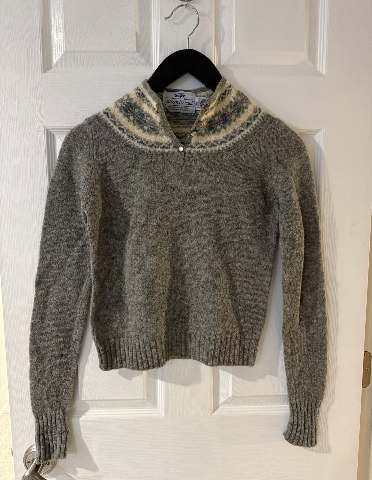 VTG Susan Bristol Sweater Shetland Wool Sweater Gray Fair Isle Women’s S 36 Flaw
