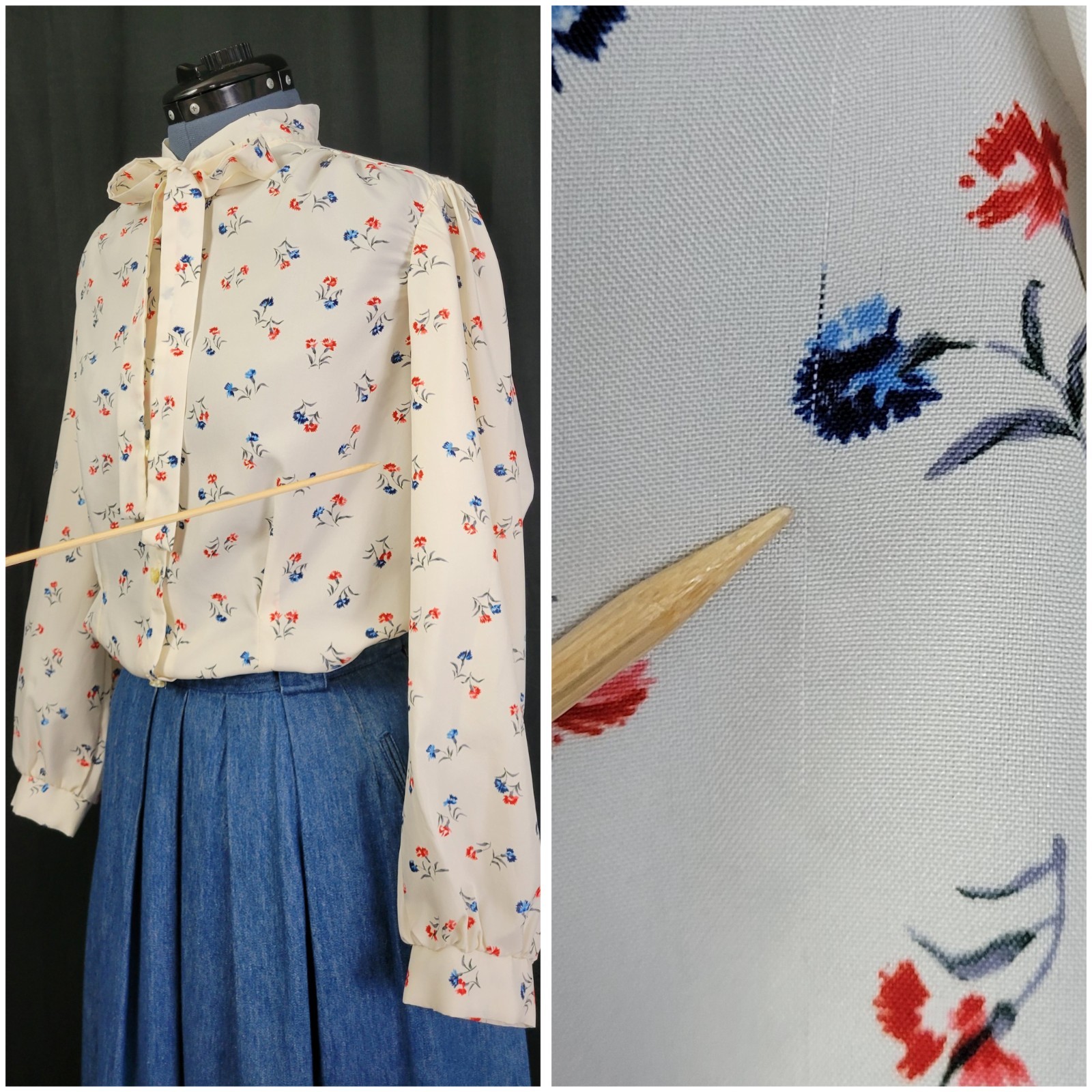 Vintage Lady Holiday Cream Button Down Blouse w Blue & Red Florals Size M/L?