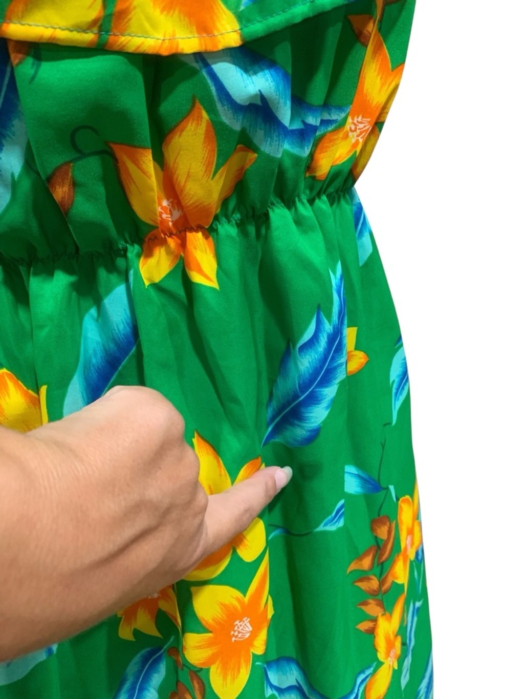 Vntg 70’s Women&rsquo;s POMARE KIDS Green Yellow Hawaiian Floral Maxi Dress sz S